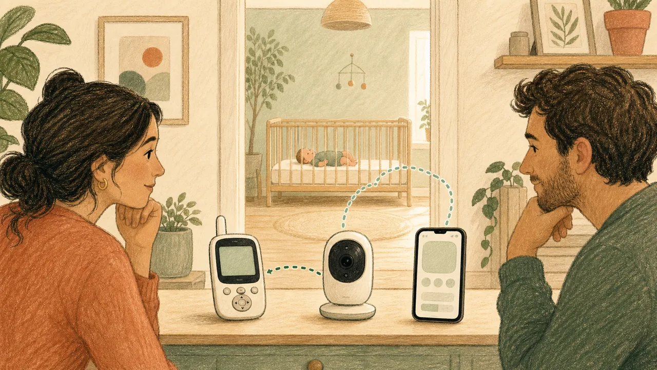Editorial illustration of caregivers comparing generic dedicated and connected baby-monitor options in a calm nursery