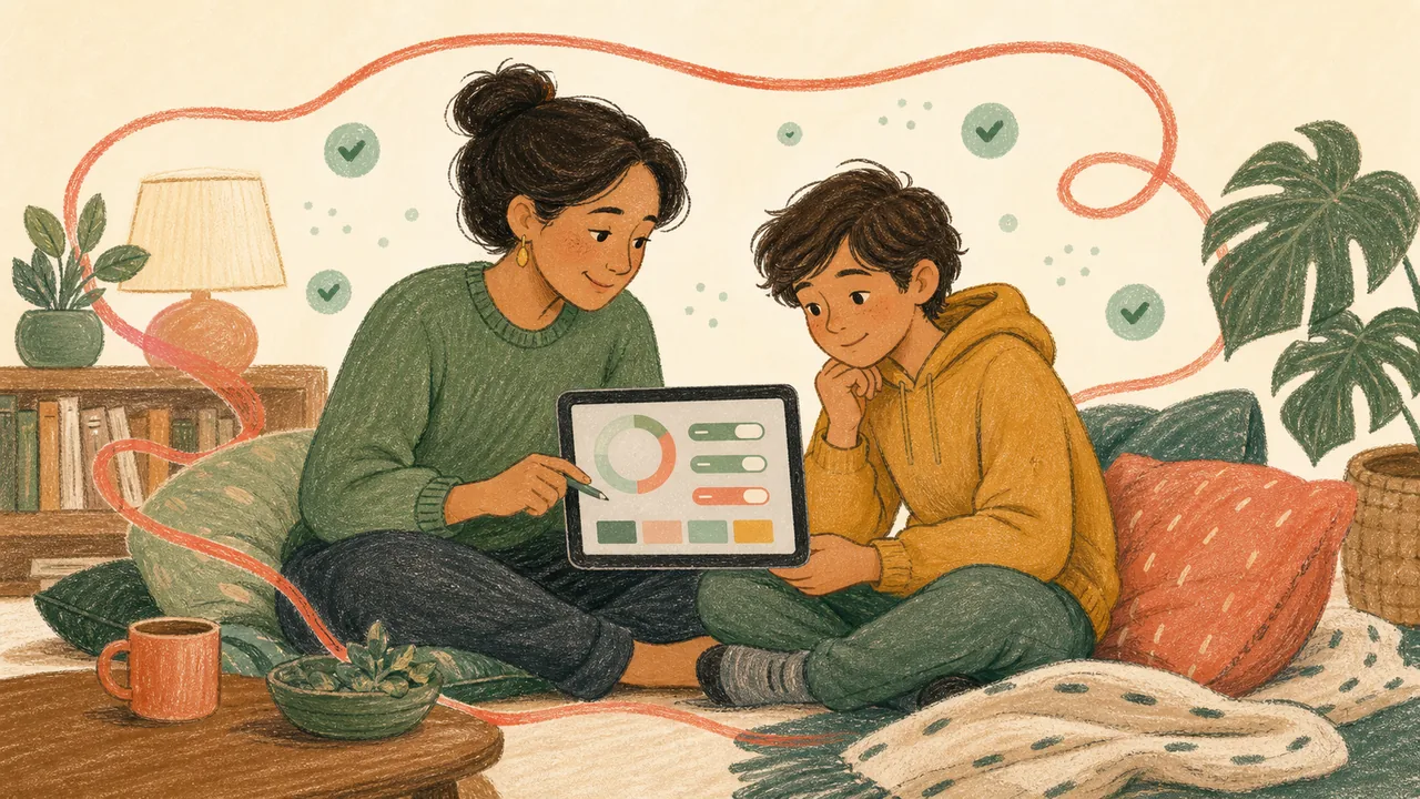 Editorial illustration of a caregiver and older child making a shared family media plan on a generic tablet